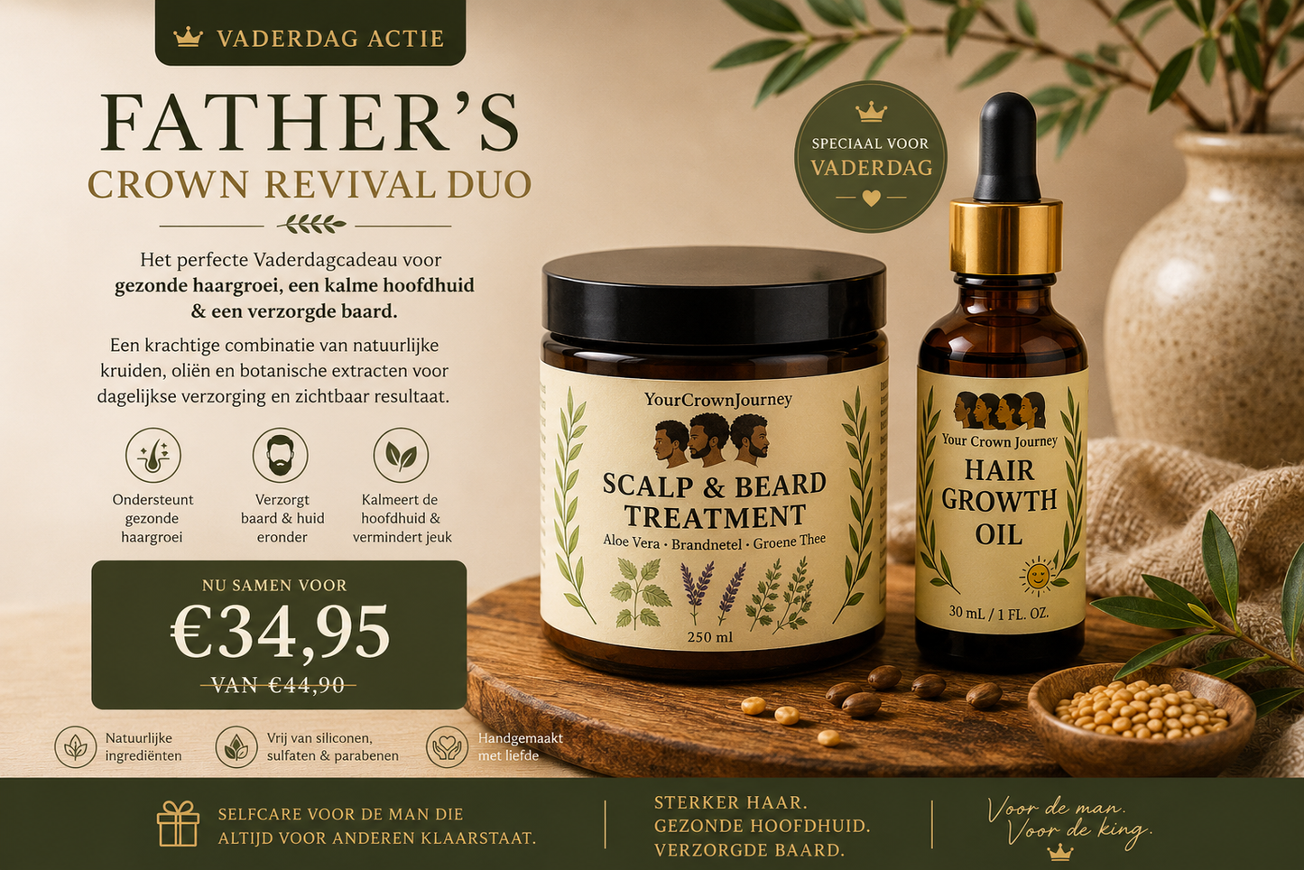 Father’s Crown Revival Duo van Your Crown Journey met Hair Growth Oil en Scalp & Beard Treatment in luxe amberverpakking op houten ondergrond met botanische ingrediënten en Vaderdag promotie.