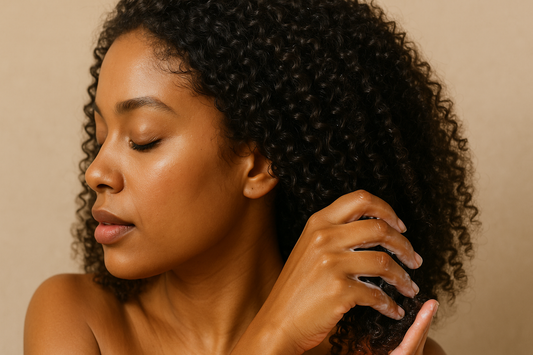 Vrouw met natuurlijke 3C–4C krullen die leave-in aanbrengt – Curly Girl Methode simpel stappenplan (Your Crown Journey)