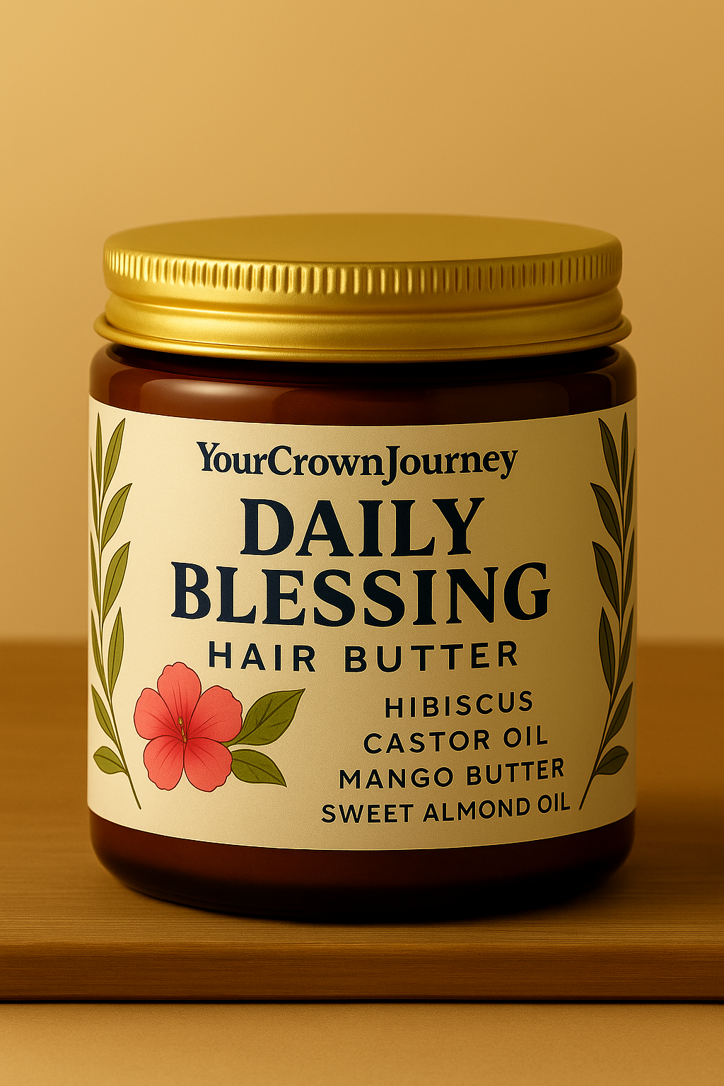 natuurlijke haarboter met hibiscus, castor oil, mango butter en sweet almond oil voor groei, diepe hydratatie, glans en gezonde haargroei bij krullend en kroes haar