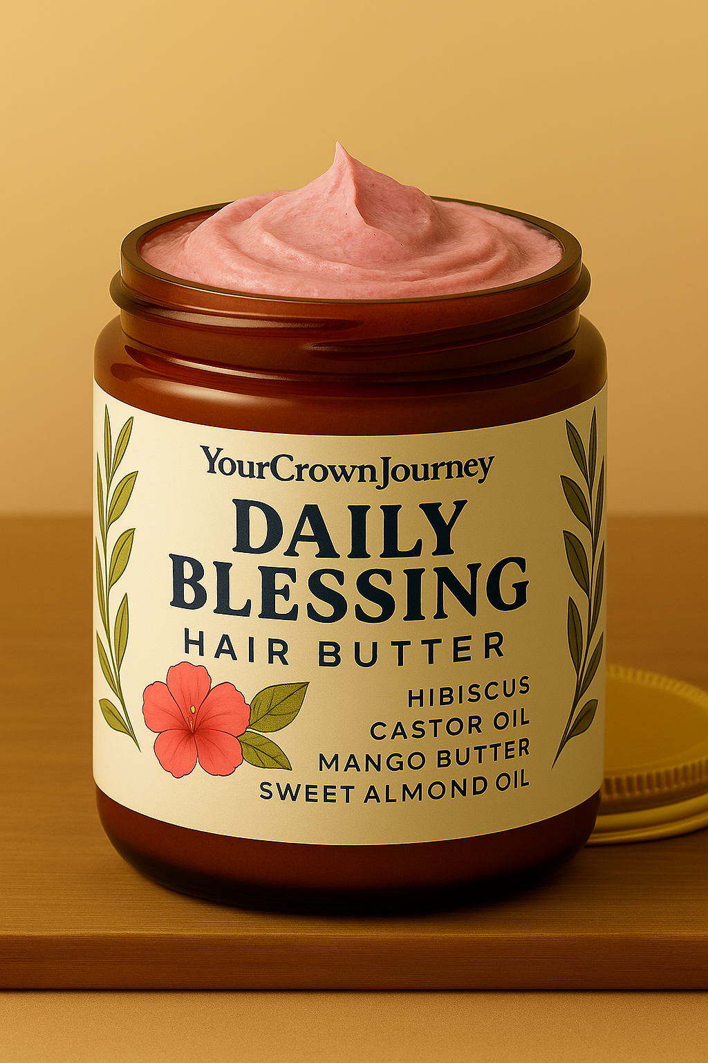 natuurlijke haarboter met hibiscus, castor oil, mango butter en sweet almond oil voor diepe hydratatie, glans en gezonde haargroei bij krullend en kroes haar