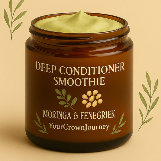 Natuurlijke deep conditioner smoothie met shea butter, aloe vera en moringa voor herstel van beschadigd en droog haar 100% natuurlijk zonder parabenen of sulfaten en siliconen voor kroes en curly krullend haar. 100 % natürliche Deep Conditioner Tiefenpflege Conditioner Haarmaske mit Sheabutter, Aloe Vera & Moringa. Ohne Silikone, Parabene & Sulfate – stärkt & pflegt krauses Haar.