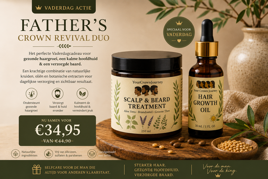Father’s Crown Revival Duo van Your Crown Journey met Hair Growth Oil en Scalp & Beard Treatment in luxe amberverpakking op houten ondergrond met botanische ingrediënten en Vaderdag promotie.