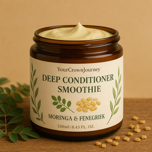 Deep conditioner haarmasker – diepe hydratatie voor krullen & kroes haar.  curly girl method Natuurlijke deep conditioner smoothie met shea butter, aloe vera en moringa voor herstel van beschadigd en droog haar 100% natuurlijk zonder parabenen of sulfaten en siliconen voor kroes en curly krullend haar. 